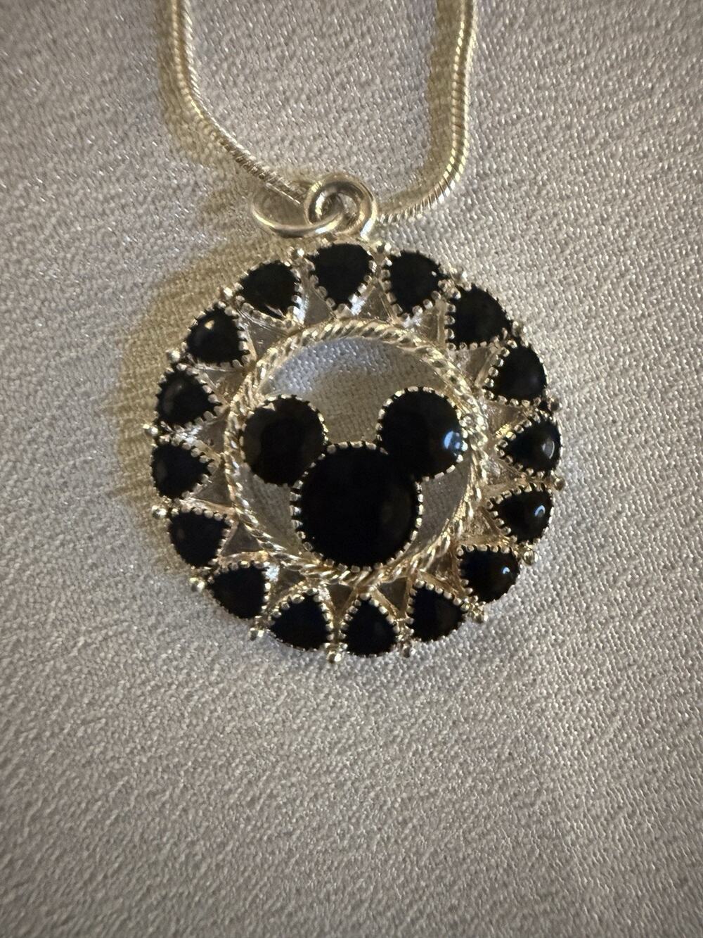 Disney World Mickey Mouse Black Rhinestone Halo Pendant Necklace Silver Tone